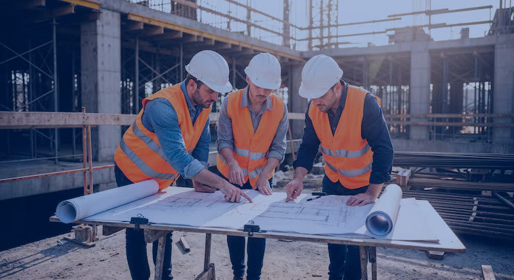 Construction workers collaborating at a site